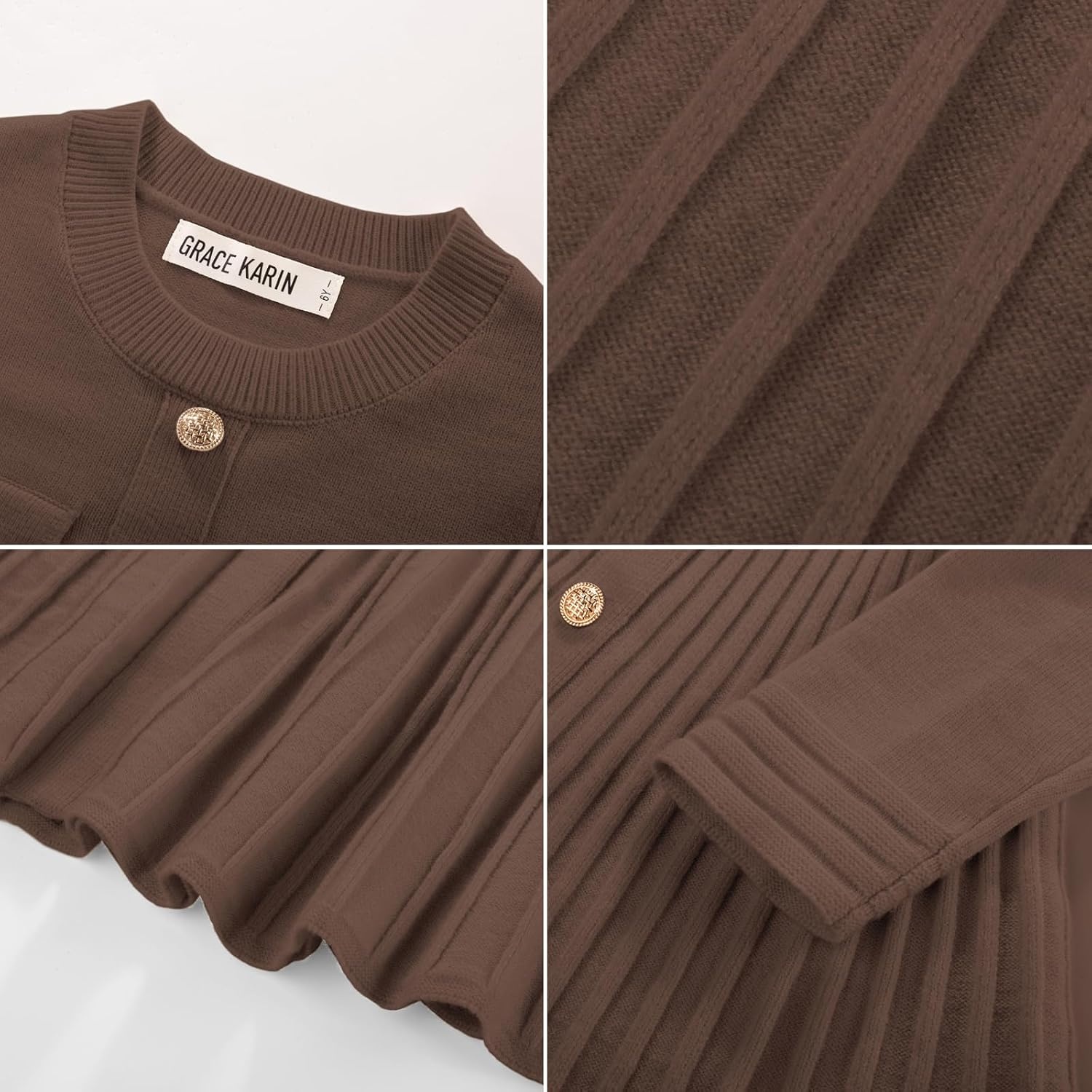 image:imageGRACE KARIN Girls Sweater Fall Dress Long Sleeve Knit Button Front Pleated ALine Casual Winter Midi Dresses 514YBrown