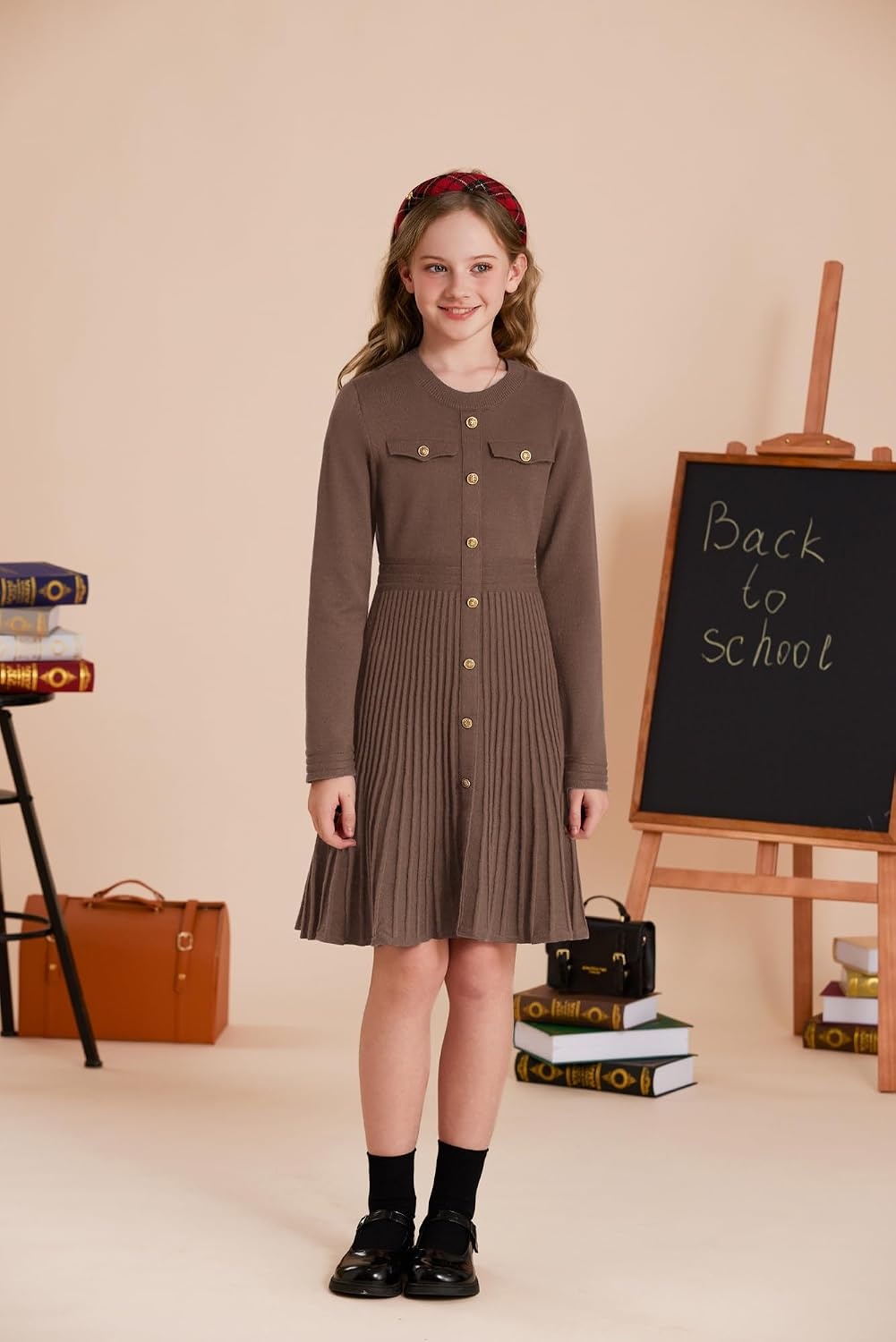 image:imageGRACE KARIN Girls Sweater Fall Dress Long Sleeve Knit Button Front Pleated ALine Casual Winter Midi Dresses 514YBrown