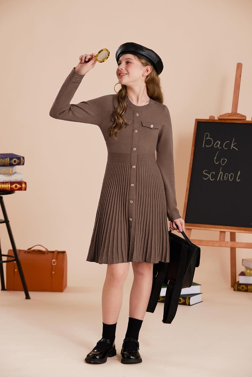 image:imageGRACE KARIN Girls Sweater Fall Dress Long Sleeve Knit Button Front Pleated ALine Casual Winter Midi Dresses 514YBrown