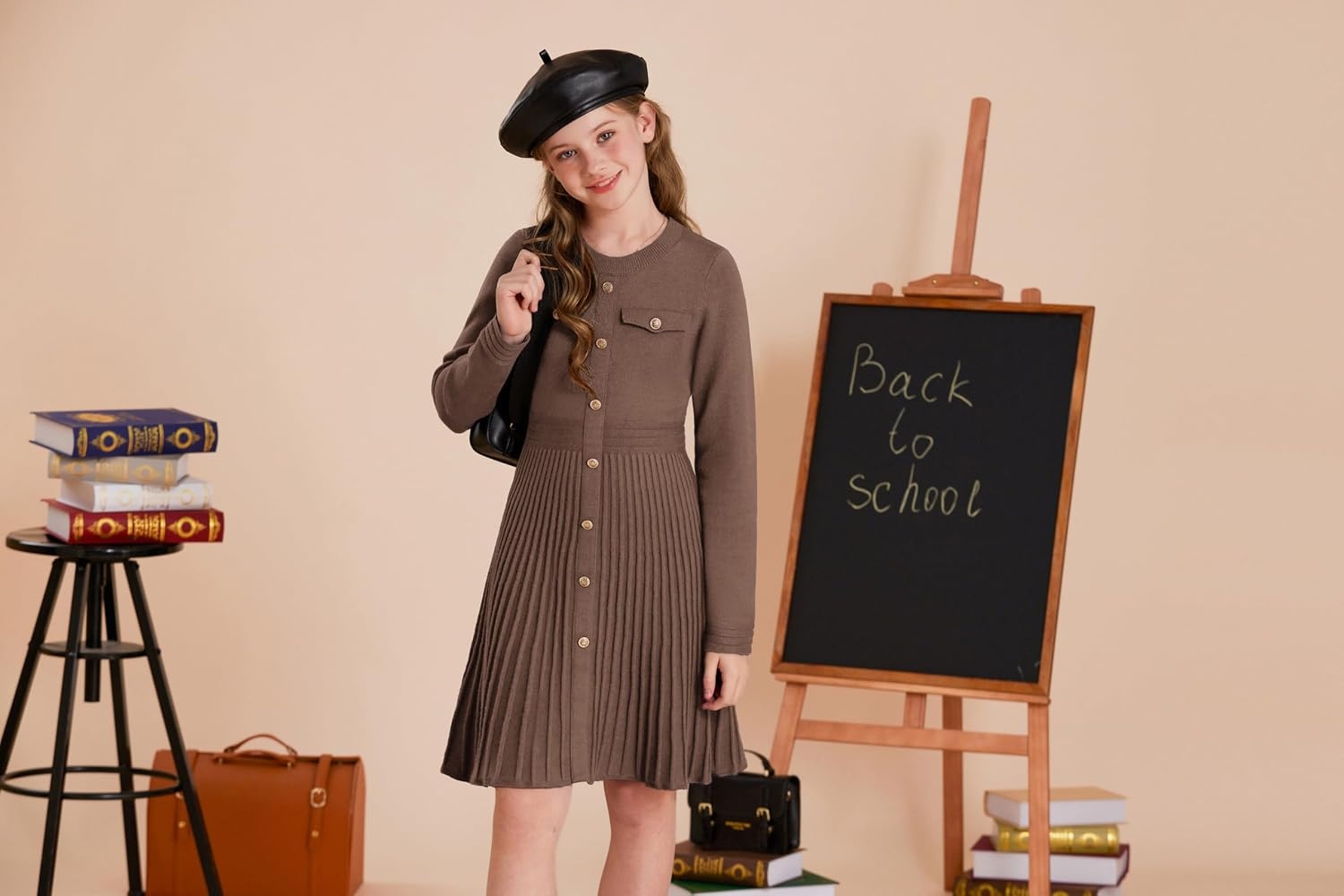 image:imageGRACE KARIN Girls Sweater Fall Dress Long Sleeve Knit Button Front Pleated ALine Casual Winter Midi Dresses 514YBrown