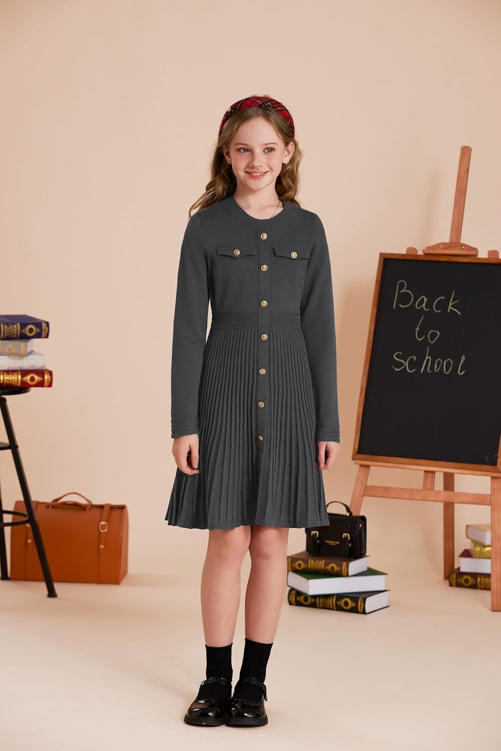 image:imageGRACE KARIN Girls Sweater Fall Dress Long Sleeve Knit Button Front Pleated ALine Casual Winter Midi Dresses 514YDark Gray