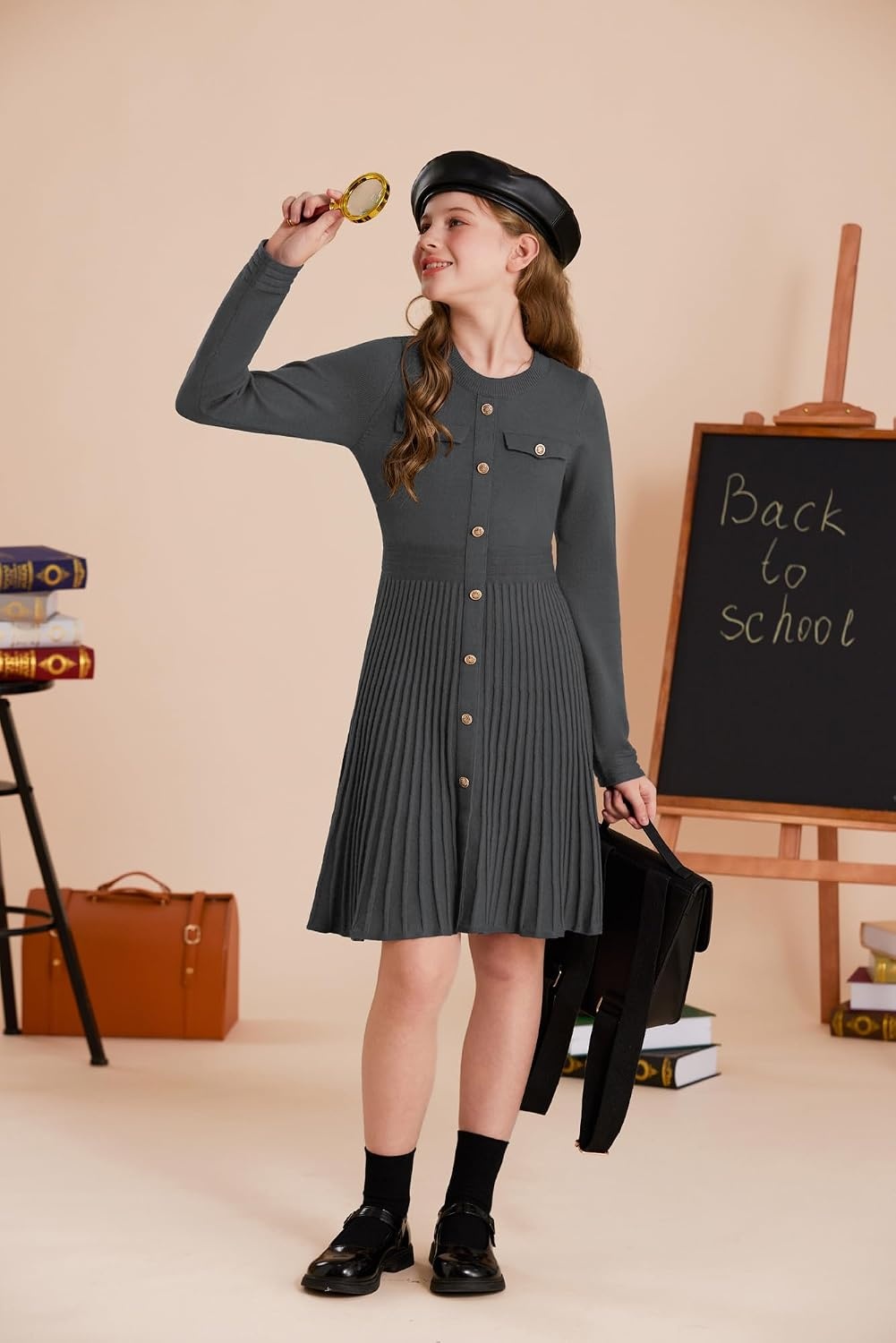 image:imageGRACE KARIN Girls Sweater Fall Dress Long Sleeve Knit Button Front Pleated ALine Casual Winter Midi Dresses 514YDark Gray