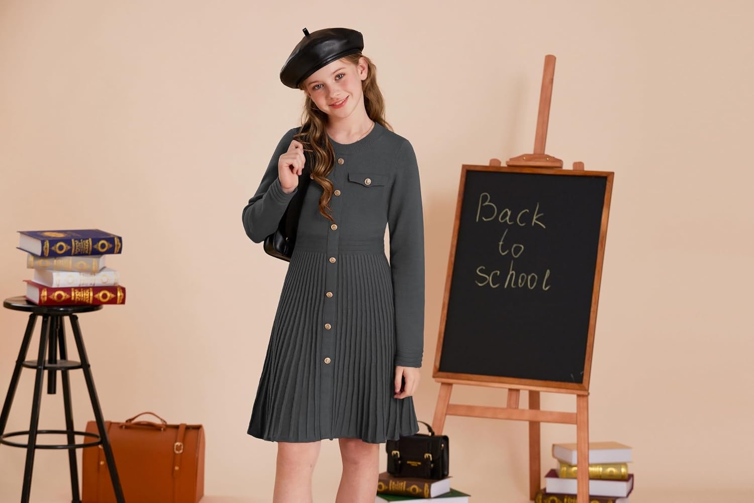 image:imageGRACE KARIN Girls Sweater Fall Dress Long Sleeve Knit Button Front Pleated ALine Casual Winter Midi Dresses 514YDark Gray