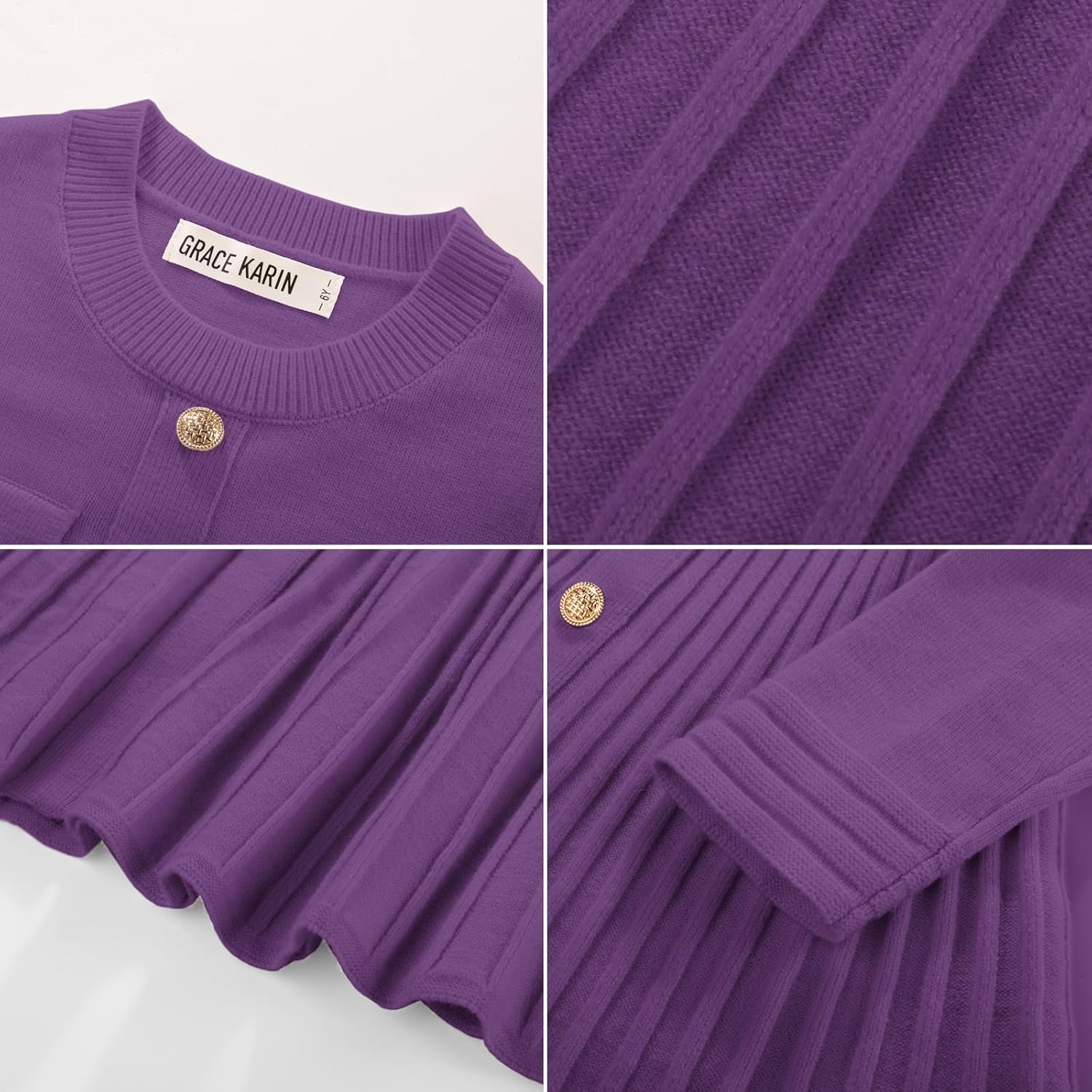 image:imageGRACE KARIN Girls Sweater Fall Dress Long Sleeve Knit Button Front Pleated ALine Casual Winter Midi Dresses 514YGrape Purple