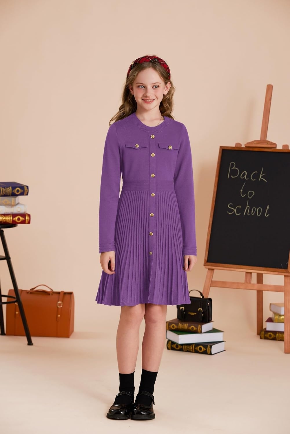 image:imageGRACE KARIN Girls Sweater Fall Dress Long Sleeve Knit Button Front Pleated ALine Casual Winter Midi Dresses 514YGrape Purple
