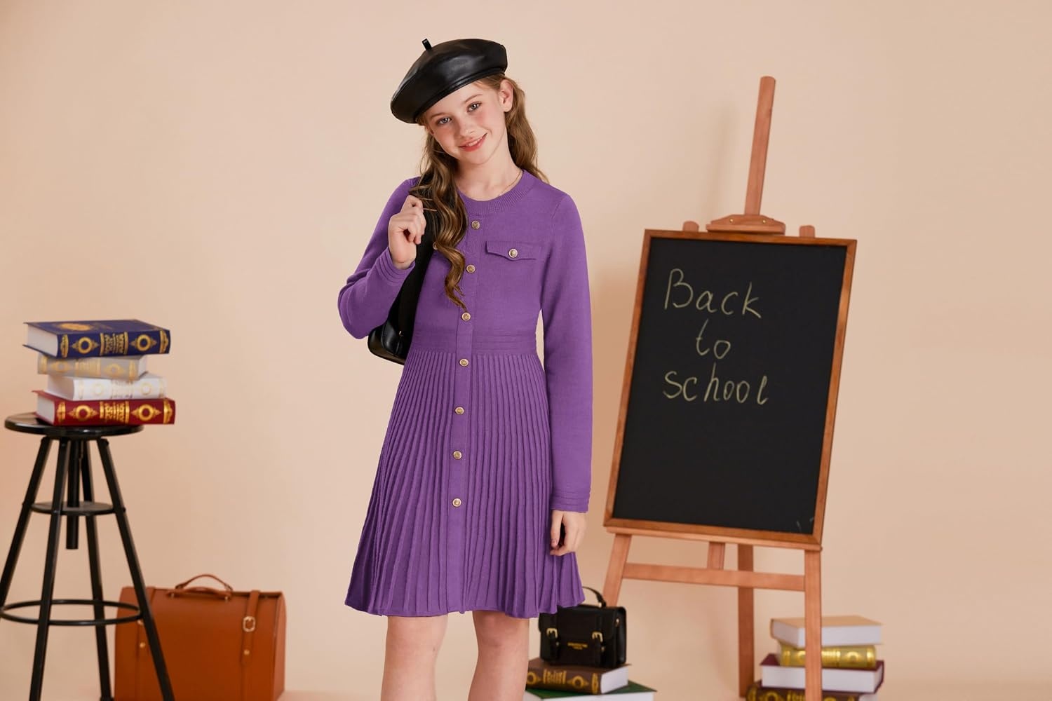 image:imageGRACE KARIN Girls Sweater Fall Dress Long Sleeve Knit Button Front Pleated ALine Casual Winter Midi Dresses 514YGrape Purple