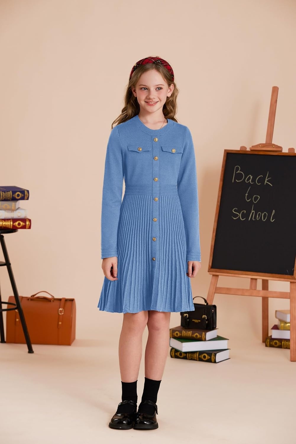 image:imageGRACE KARIN Girls Sweater Fall Dress Long Sleeve Knit Button Front Pleated ALine Casual Winter Midi Dresses 514YSky Blue