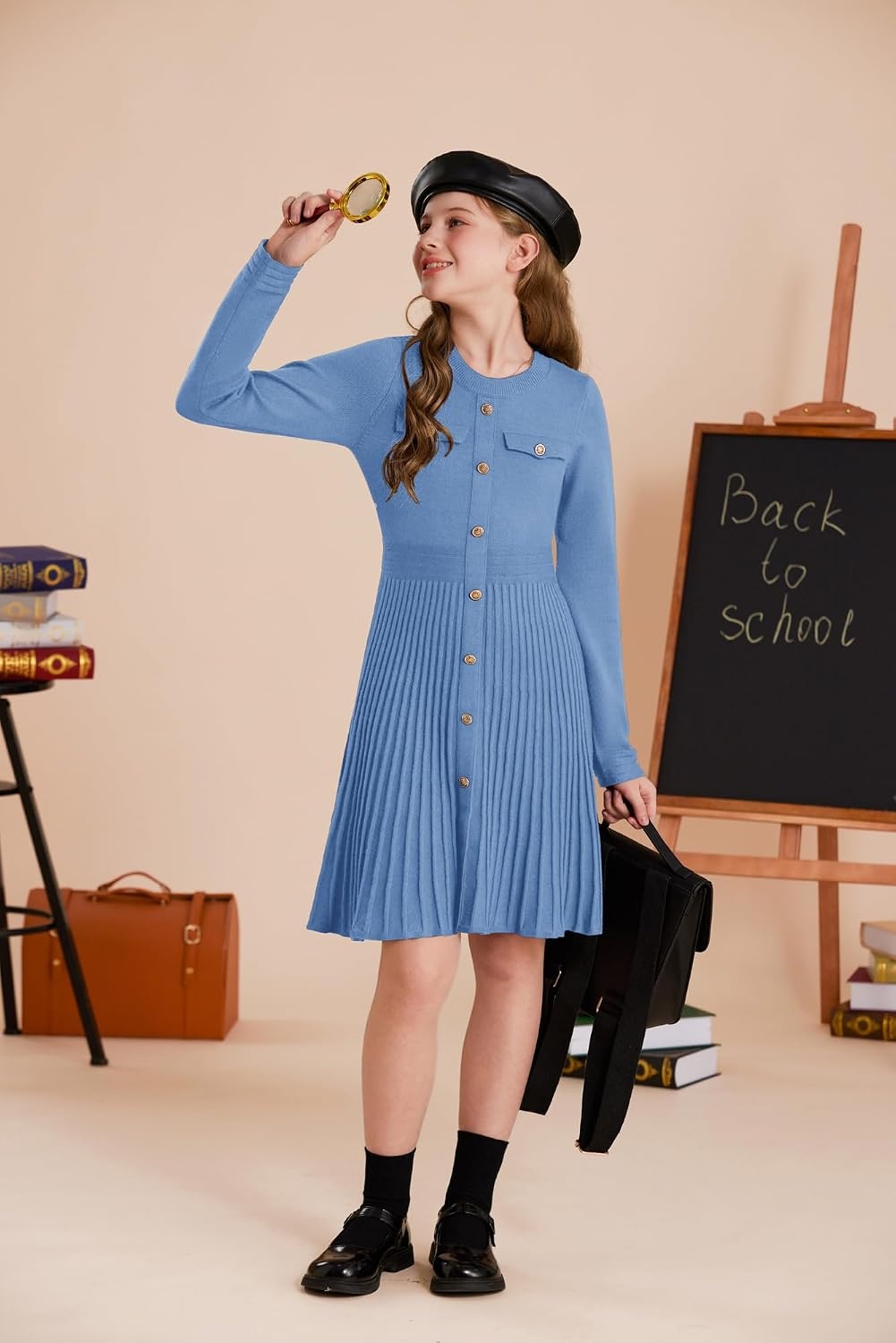image:imageGRACE KARIN Girls Sweater Fall Dress Long Sleeve Knit Button Front Pleated ALine Casual Winter Midi Dresses 514YSky Blue