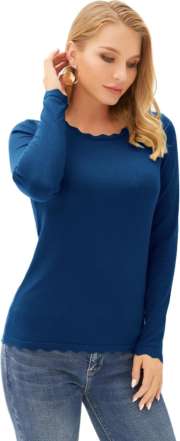image:imageGRACE KARIN Long Sleeve Fall Sweaters for Women Trendy Business Casual Tops Fashion ClothesClassic Pullover ShirtCrew NeckScallopedLightweightSoft ComfyFittedKnitStretchyWinter Layer ClothingDark Blue2