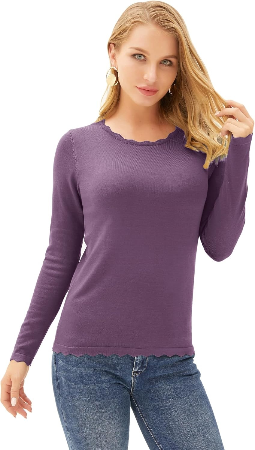 image:imageGRACE KARIN Long Sleeve Fall Sweaters for Women Trendy Business Casual Tops Fashion ClothesClassic Pullover ShirtCrew NeckScallopedLightweightSoft ComfyFittedKnitStretchyWinter Layer ClothingPurple