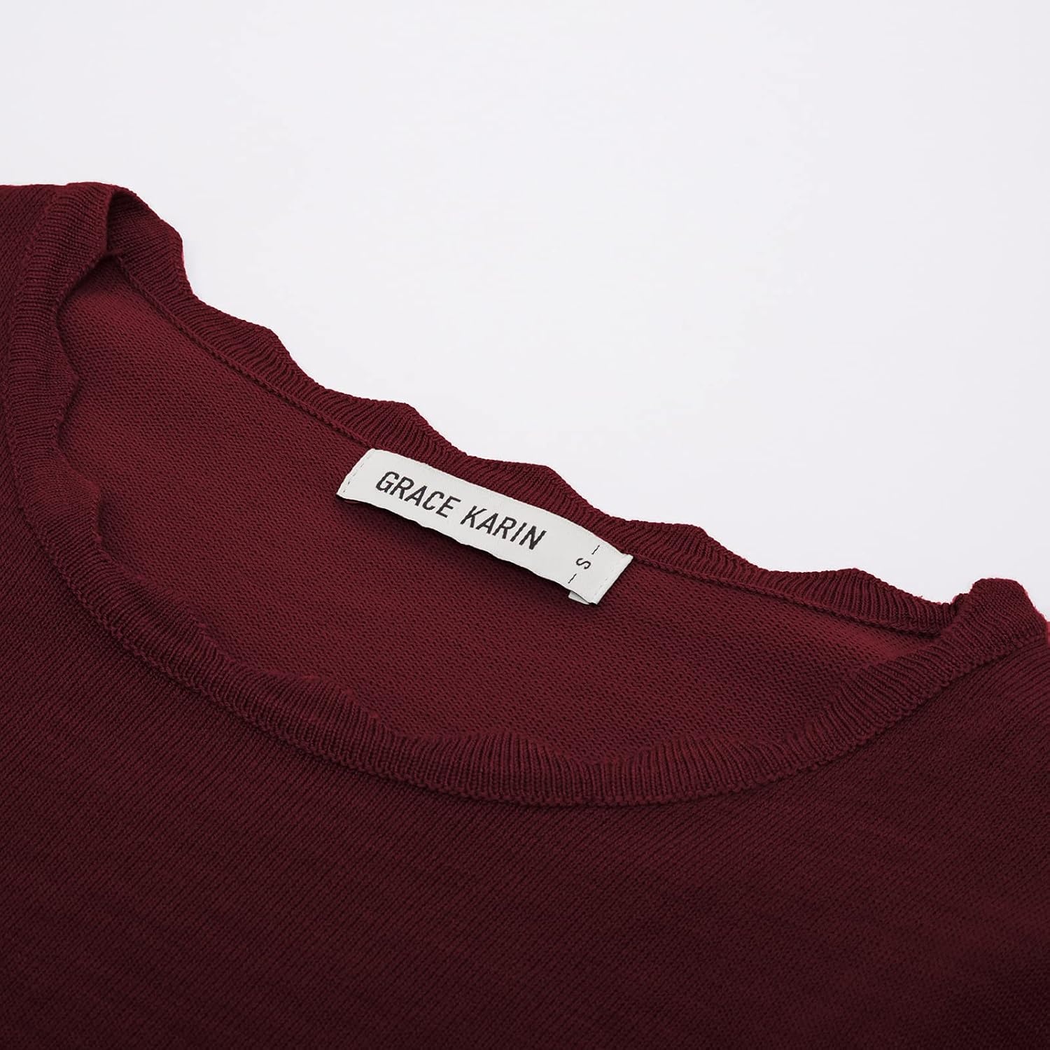 image:imageGRACE KARIN Long Sleeve Fall Sweaters for Women Trendy Business Casual Tops Fashion ClothesClassic Pullover ShirtCrew NeckScallopedLightweightSoft ComfyFittedKnitStretchyWinter Layer ClothingDark Wine