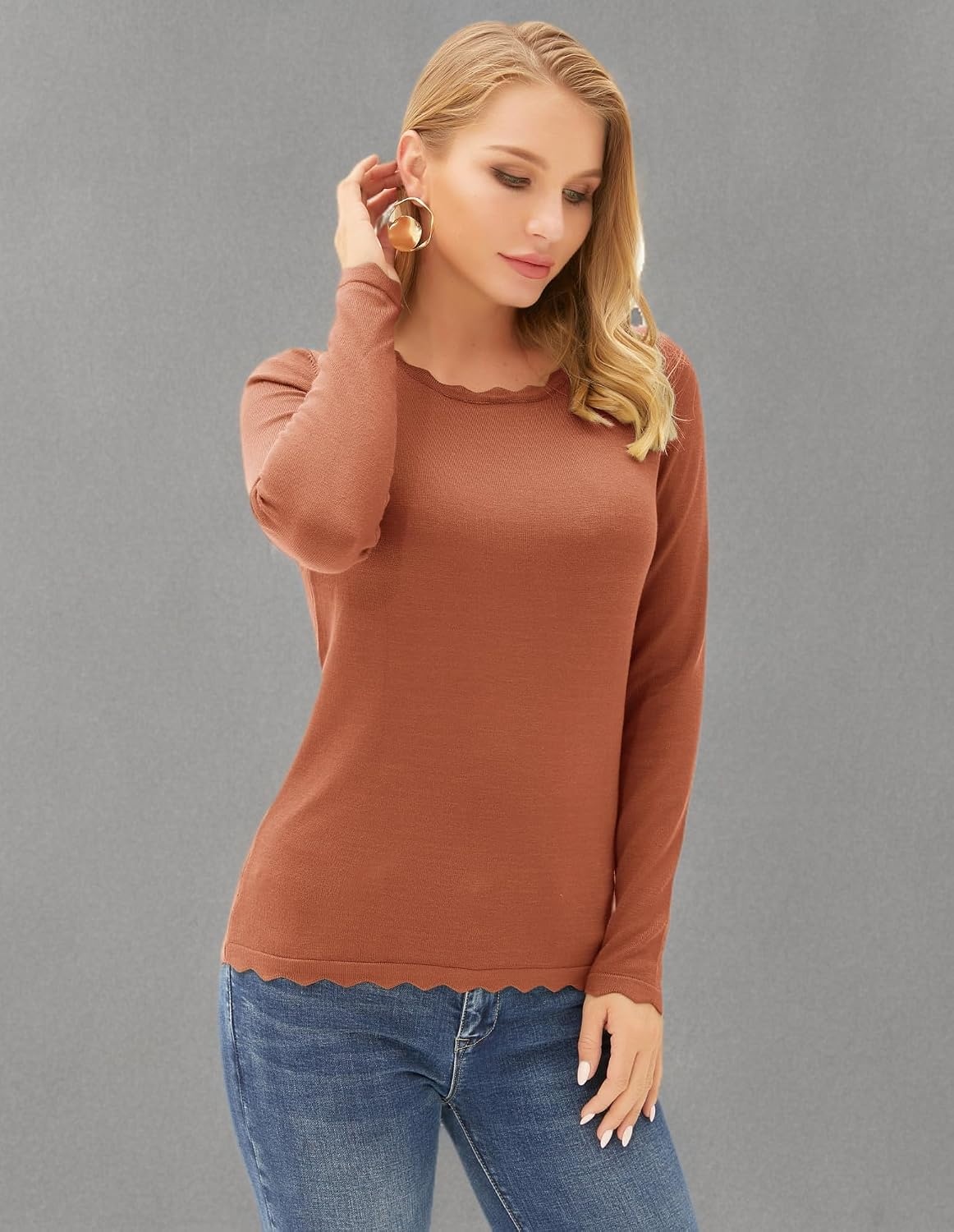 image:imageGRACE KARIN Long Sleeve Fall Sweaters for Women Trendy Business Casual Tops Fashion ClothesClassic Pullover ShirtCrew NeckScallopedLightweightSoft ComfyFittedKnitStretchyWinter Layer ClothingRed Brown