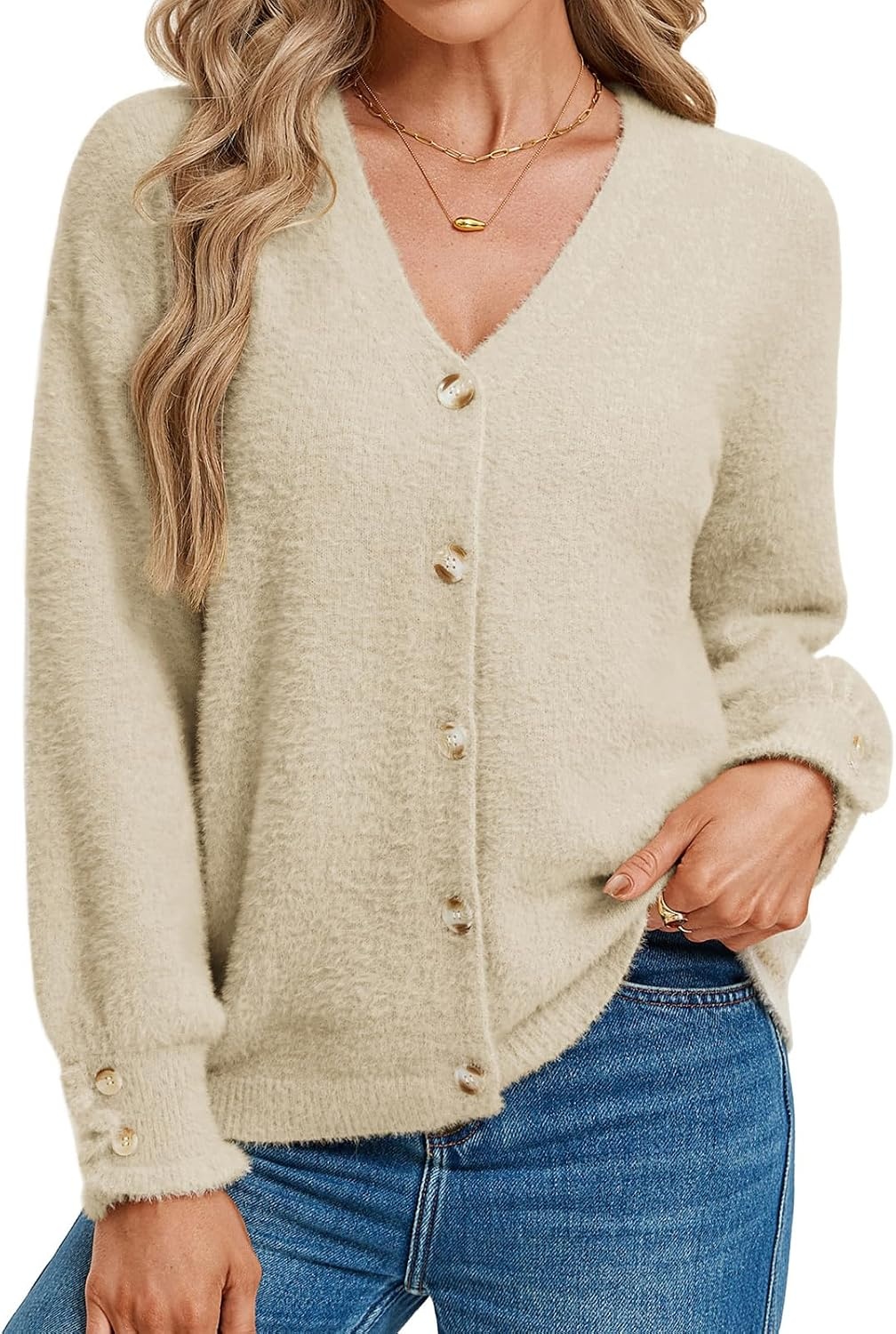 image:imageGRACE KARIN Women Fuzzy Cardigan Sweater Furry Wool Blend Button Up Sweaters 2026 Fall FashionBeige