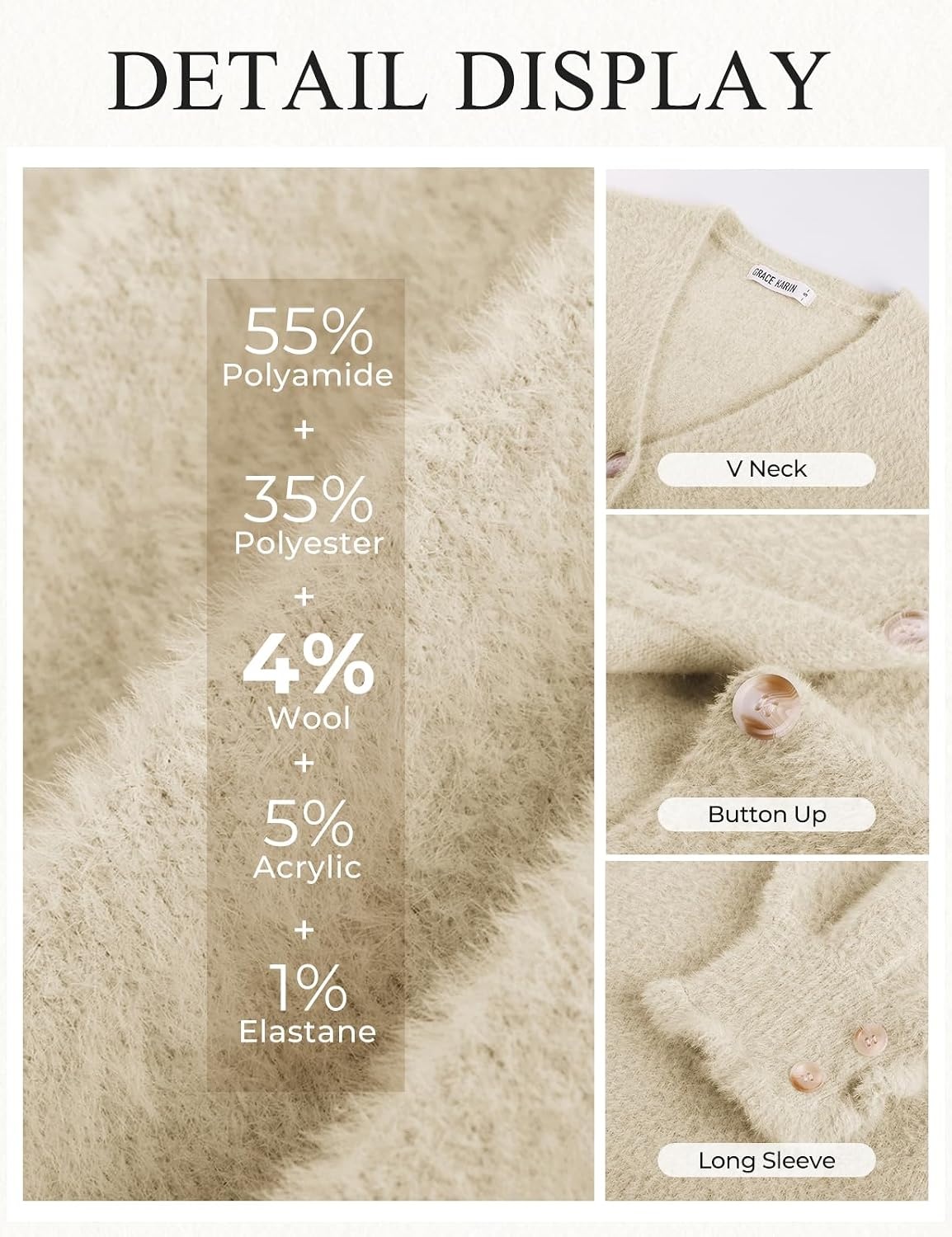 image:imageGRACE KARIN Women Fuzzy Cardigan Sweater Furry Wool Blend Button Up Sweaters 2026 Fall FashionBeige