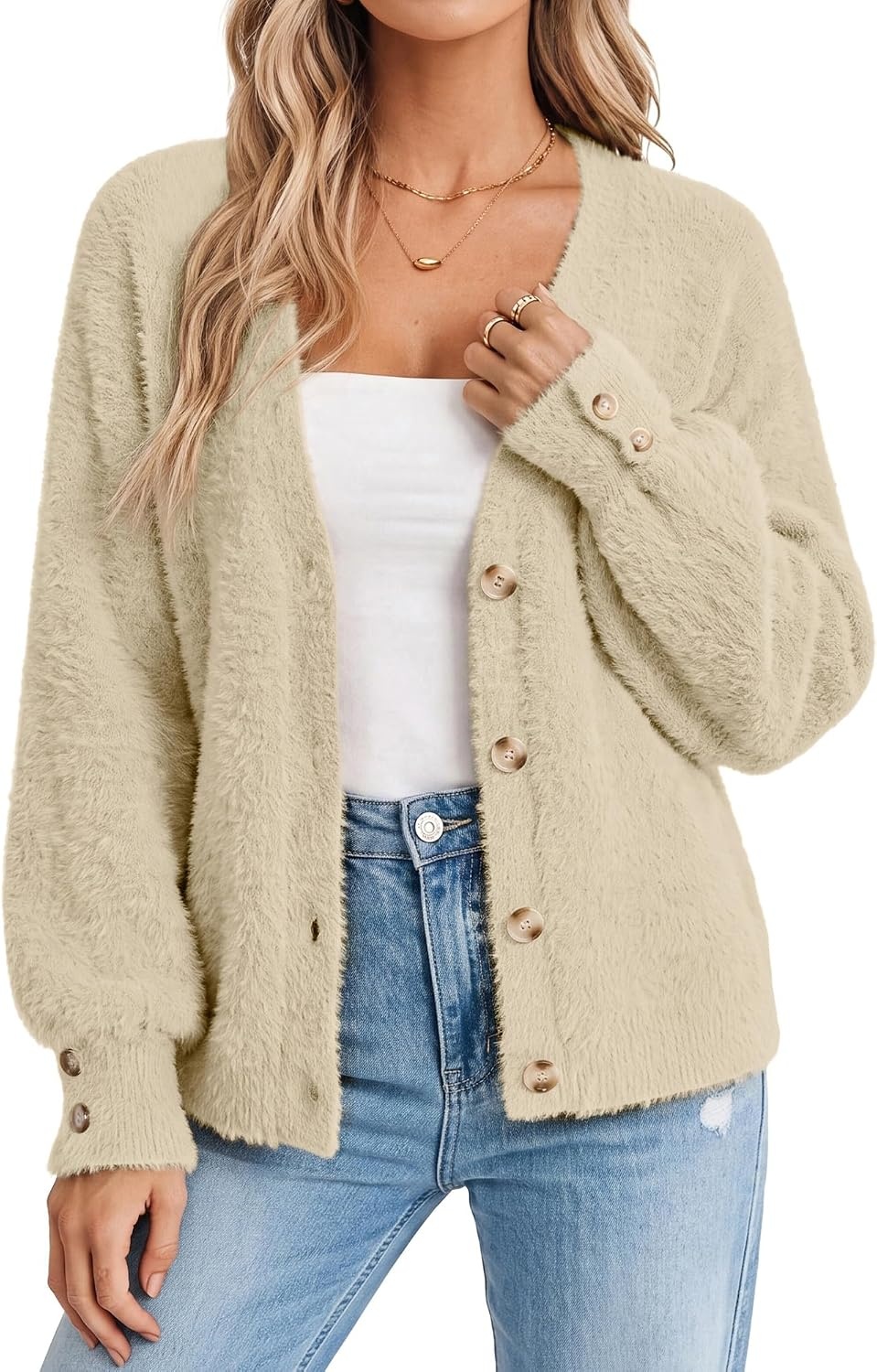 image:imageGRACE KARIN Women Fuzzy Cardigan Sweater Furry Wool Blend Button Up Sweaters 2026 Fall FashionBeige