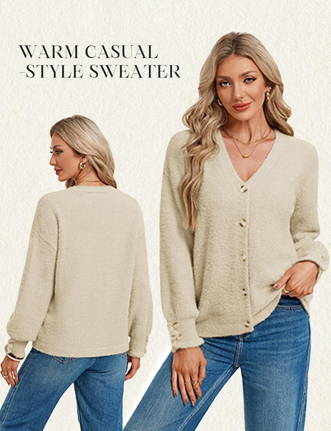 image:imageGRACE KARIN Women Fuzzy Cardigan Sweater Furry Wool Blend Button Up Sweaters 2026 Fall FashionBeige