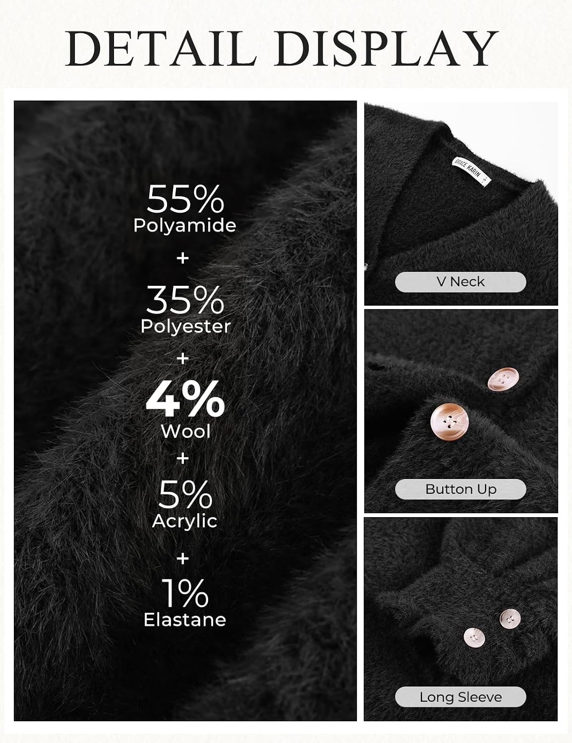 image:imageGRACE KARIN Women Fuzzy Cardigan Sweater Furry Wool Blend Button Up Sweaters 2026 Fall FashionBlack