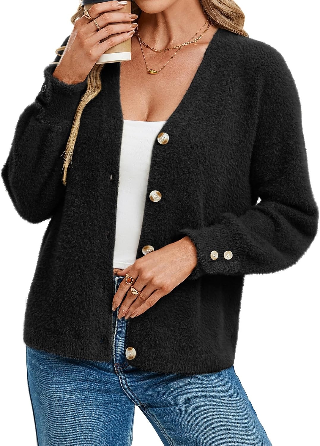 image:imageGRACE KARIN Women Fuzzy Cardigan Sweater Furry Wool Blend Button Up Sweaters 2026 Fall FashionBlack