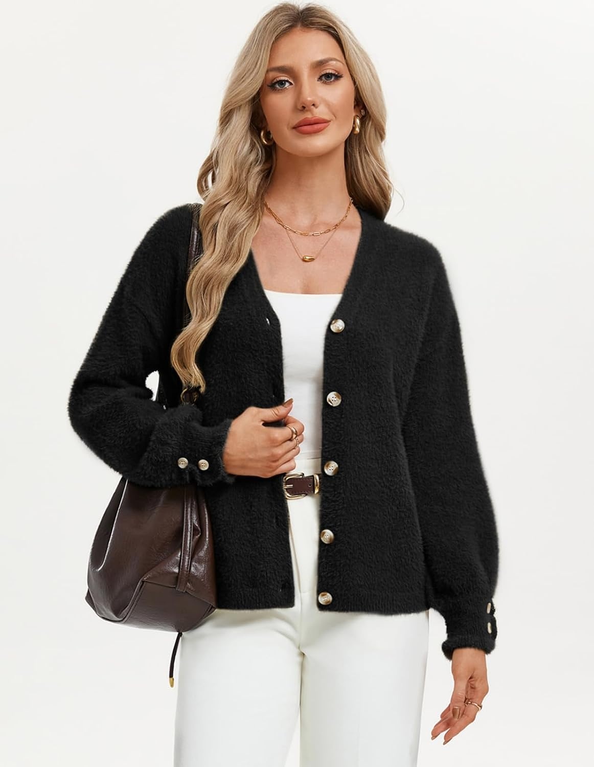 image:imageGRACE KARIN Women Fuzzy Cardigan Sweater Furry Wool Blend Button Up Sweaters 2026 Fall FashionBlack