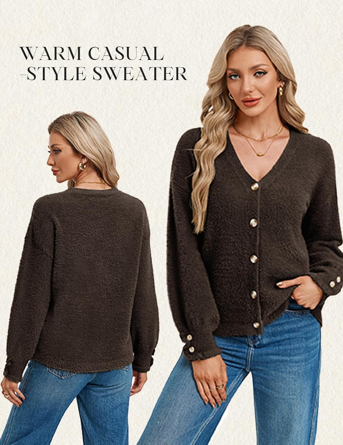 image:imageGRACE KARIN Women Fuzzy Cardigan Sweater Furry Wool Blend Button Up Sweaters 2026 Fall FashionCoffee