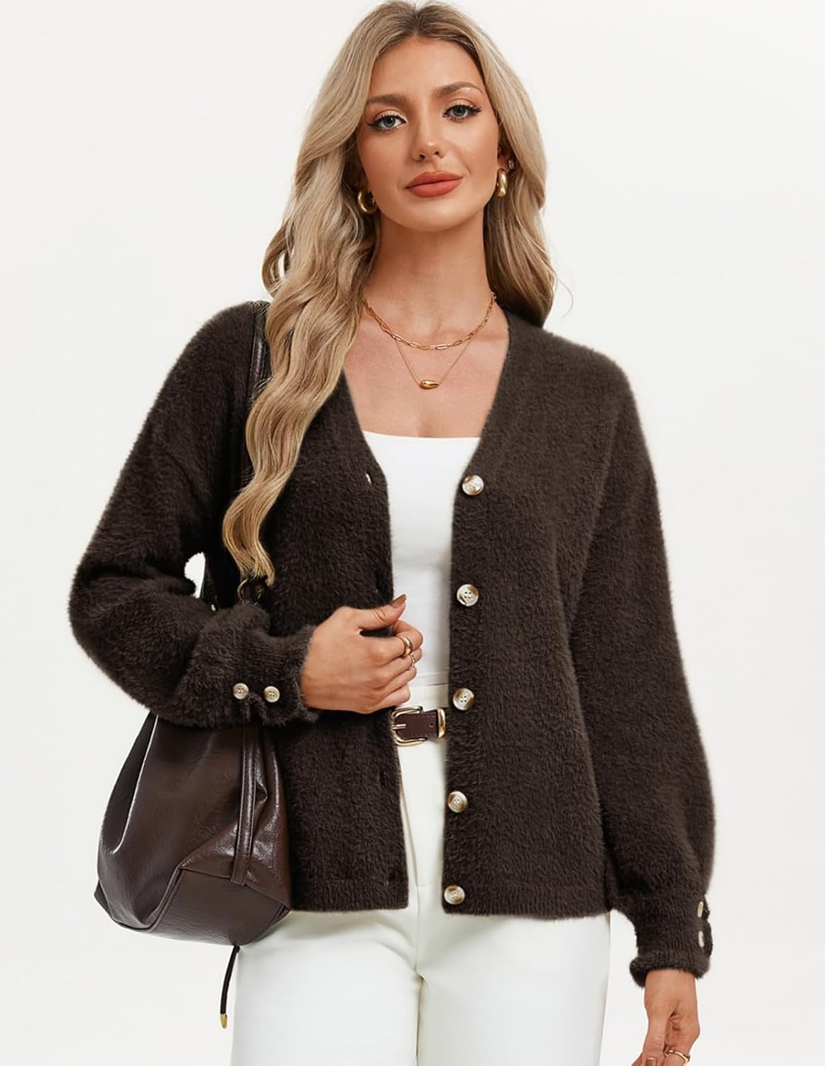 image:imageGRACE KARIN Women Fuzzy Cardigan Sweater Furry Wool Blend Button Up Sweaters 2026 Fall FashionCoffee