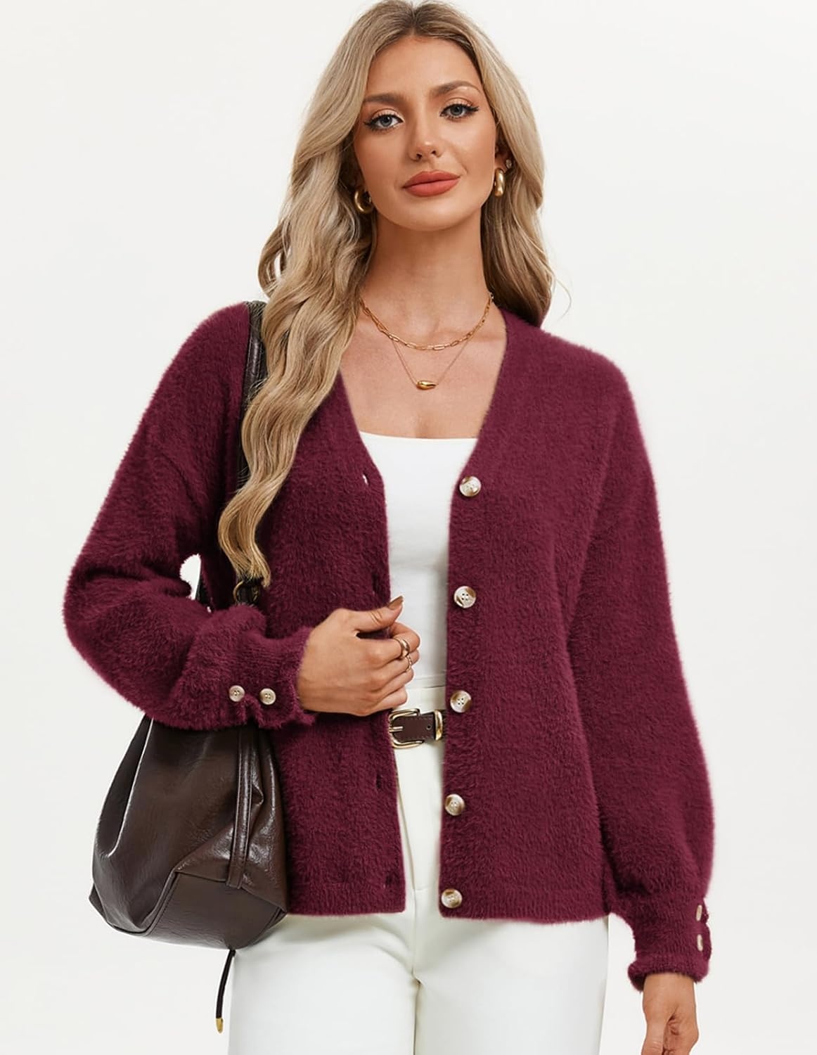 image:imageGRACE KARIN Women Fuzzy Cardigan Sweater Furry Wool Blend Button Up Sweaters 2026 Fall FashionWine Red