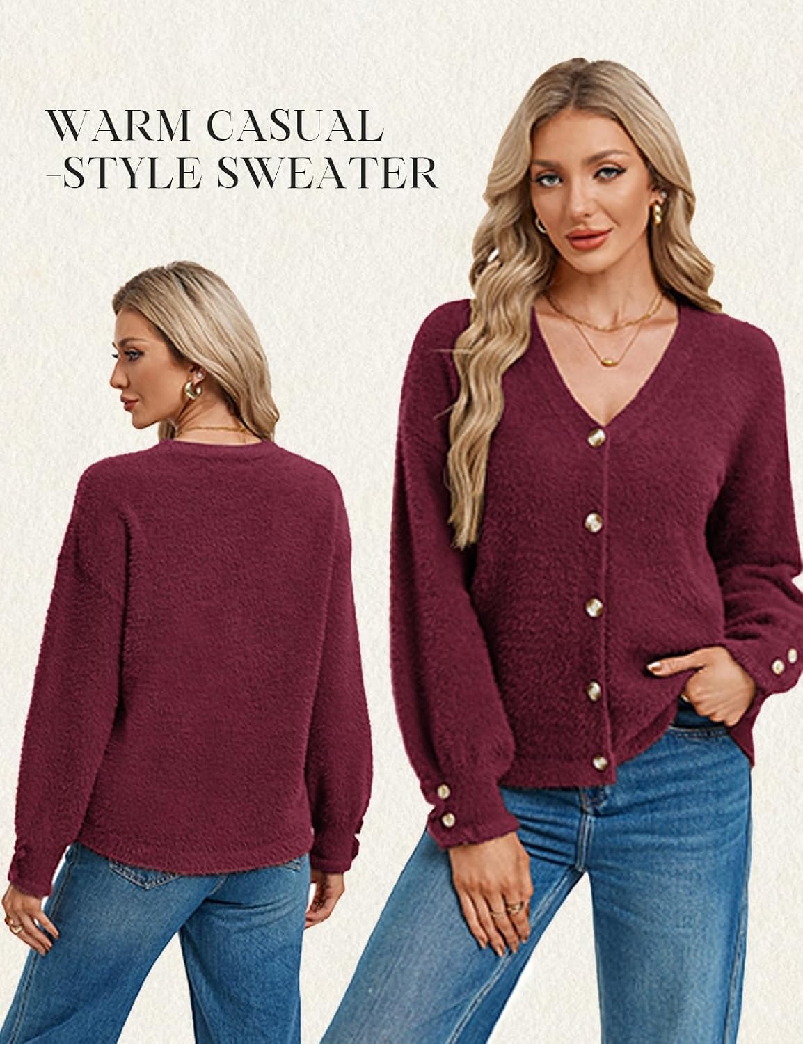 image:imageGRACE KARIN Women Fuzzy Cardigan Sweater Furry Wool Blend Button Up Sweaters 2026 Fall FashionWine Red