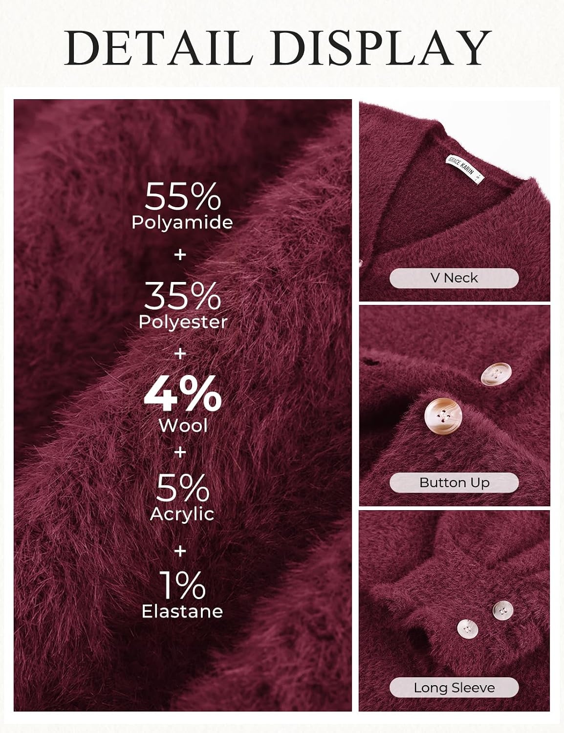 image:imageGRACE KARIN Women Fuzzy Cardigan Sweater Furry Wool Blend Button Up Sweaters 2026 Fall FashionWine Red