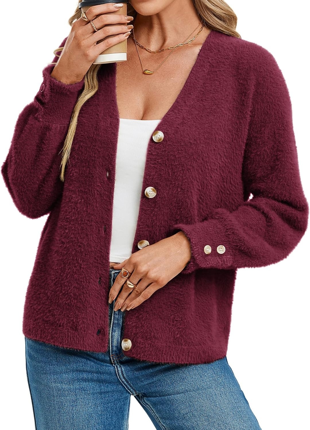 image:imageGRACE KARIN Women Fuzzy Cardigan Sweater Furry Wool Blend Button Up Sweaters 2026 Fall FashionWine Red