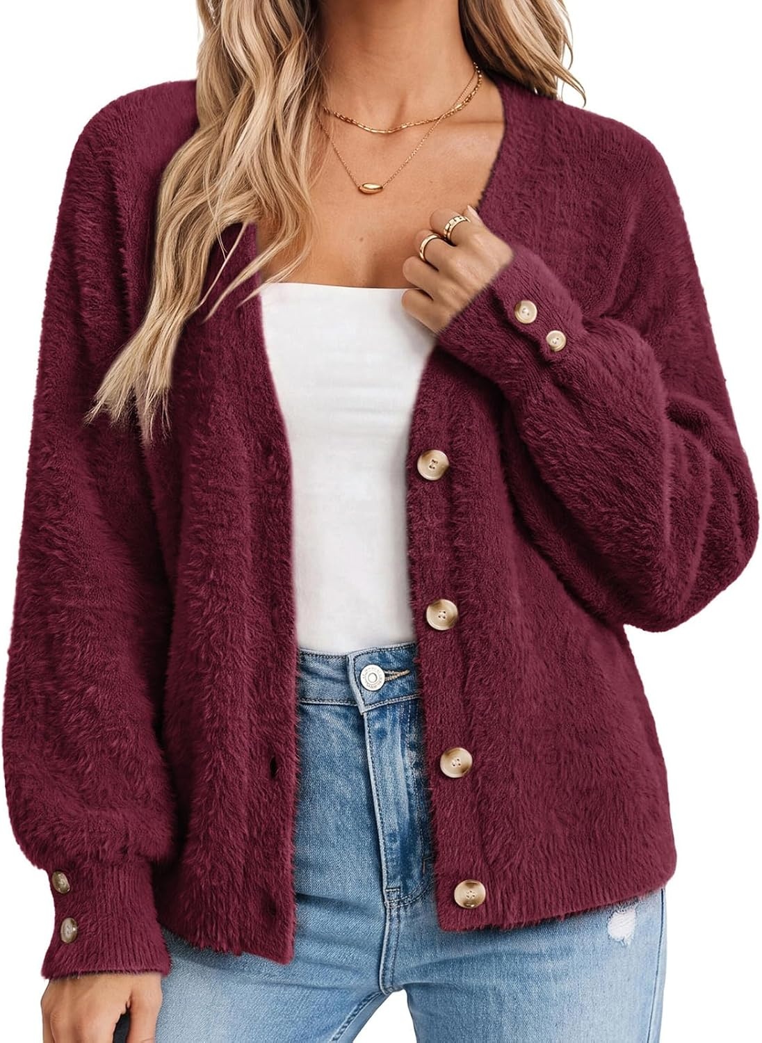 image:imageGRACE KARIN Women Fuzzy Cardigan Sweater Furry Wool Blend Button Up Sweaters 2026 Fall FashionWine Red