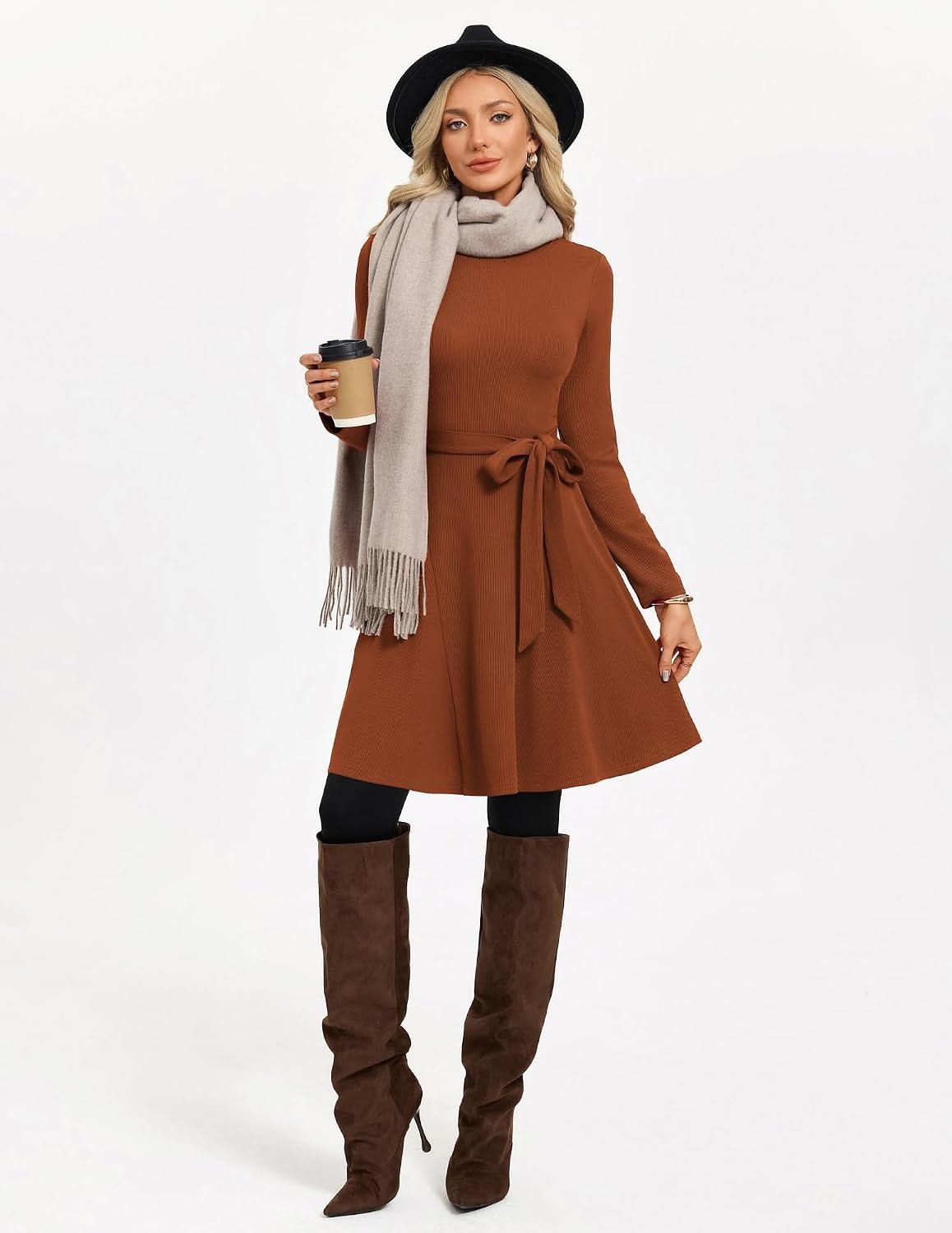image:imageGRACE KARIN Womens 2026 Fall Long Sleeve Ribbed Mini Dresses with Belt Sweater Dresses For WinterFashion ClothesShort LengthCrew NeckAlineStretchy Soft KnitCasualWorkHolidayOrange Brown