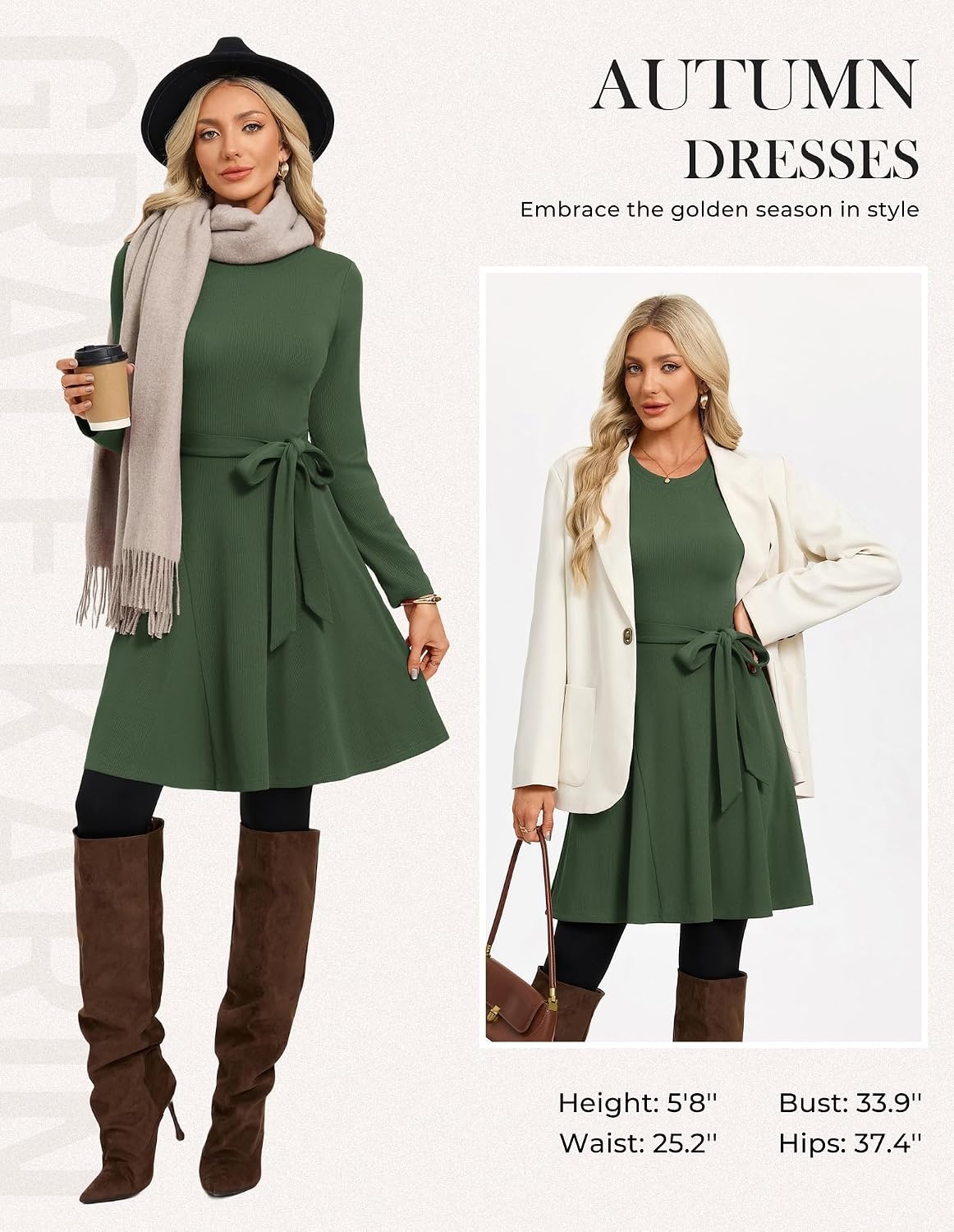 image:imageGRACE KARIN Womens 2026 Fall Long Sleeve Ribbed Mini Dresses with Belt Sweater Dresses For WinterFashion ClothesShort LengthCrew NeckAlineStretchy Soft KnitCasualWorkHolidayArmy Green
