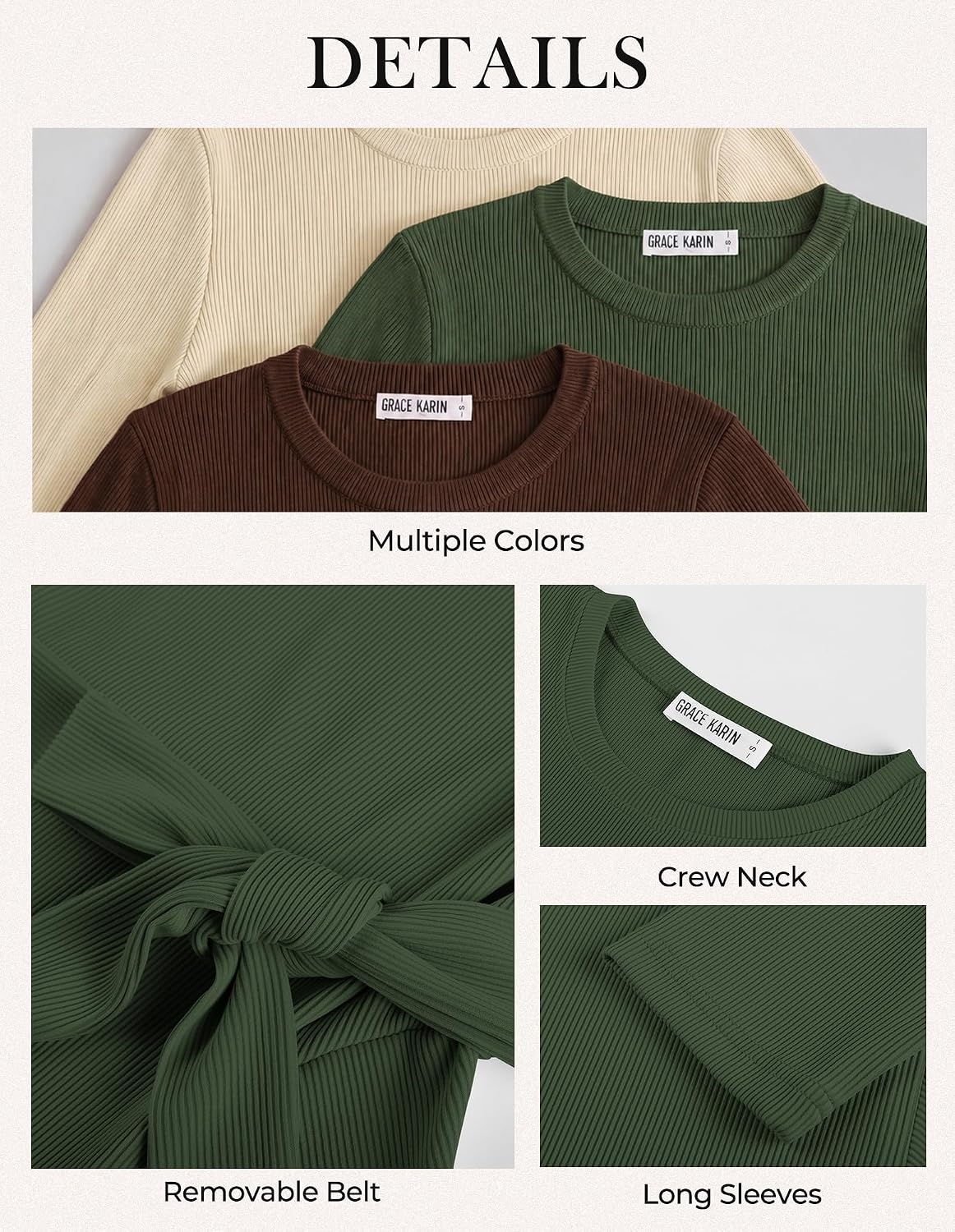 image:imageGRACE KARIN Womens 2026 Fall Long Sleeve Ribbed Mini Dresses with Belt Sweater Dresses For WinterFashion ClothesShort LengthCrew NeckAlineStretchy Soft KnitCasualWorkHolidayArmy Green