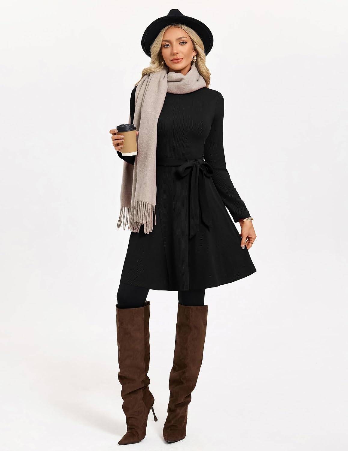 image:imageGRACE KARIN Womens 2026 Fall Long Sleeve Ribbed Mini Dresses with Belt Sweater Dresses For WinterFashion ClothesShort LengthCrew NeckAlineStretchy Soft KnitCasualWorkHolidayBlack