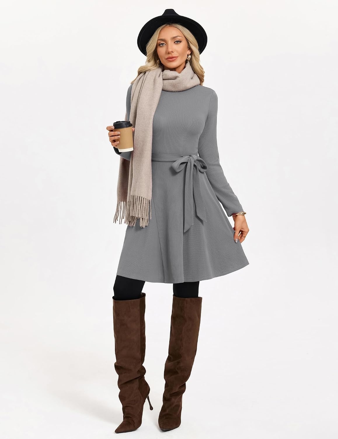 image:imageGRACE KARIN Womens 2026 Fall Long Sleeve Ribbed Mini Dresses with Belt Sweater Dresses For WinterFashion ClothesShort LengthCrew NeckAlineStretchy Soft KnitCasualWorkHolidayGray