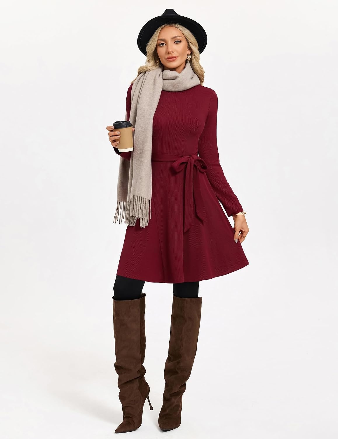 image:imageGRACE KARIN Womens 2026 Fall Long Sleeve Ribbed Mini Dresses with Belt Sweater Dresses For WinterFashion ClothesShort LengthCrew NeckAlineStretchy Soft KnitCasualWorkHolidayWine