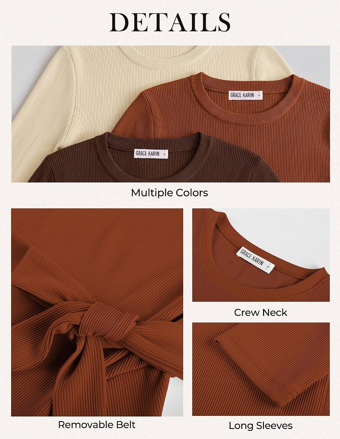 image:imageGRACE KARIN Womens 2026 Fall Long Sleeve Ribbed Mini Dresses with Belt Sweater Dresses For WinterFashion ClothesShort LengthCrew NeckAlineStretchy Soft KnitCasualWorkHolidayOrange Brown