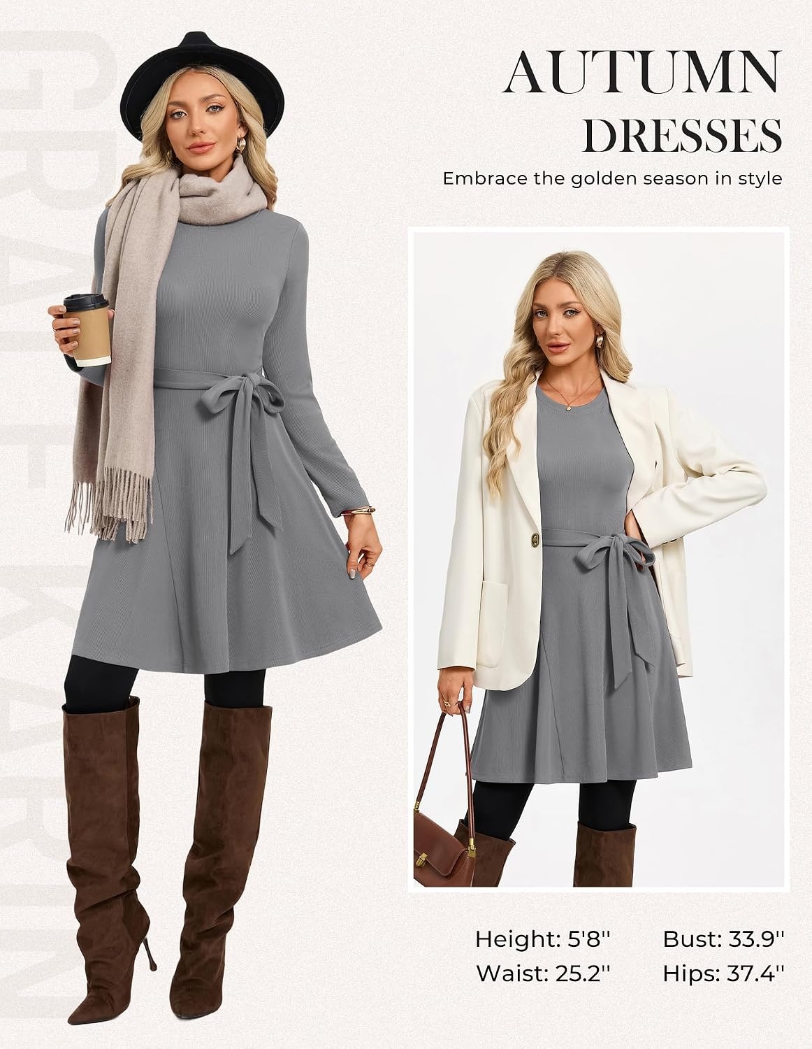 image:imageGRACE KARIN Womens 2026 Fall Long Sleeve Ribbed Mini Dresses with Belt Sweater Dresses For WinterFashion ClothesShort LengthCrew NeckAlineStretchy Soft KnitCasualWorkHolidayGray