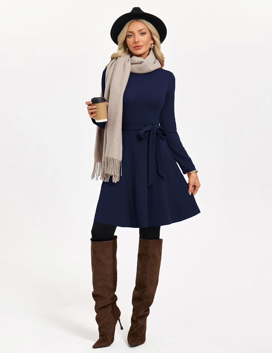 image:imageGRACE KARIN Womens 2026 Fall Long Sleeve Ribbed Mini Dresses with Belt Sweater Dresses For WinterFashion ClothesShort LengthCrew NeckAlineStretchy Soft KnitCasualWorkHolidayNavy