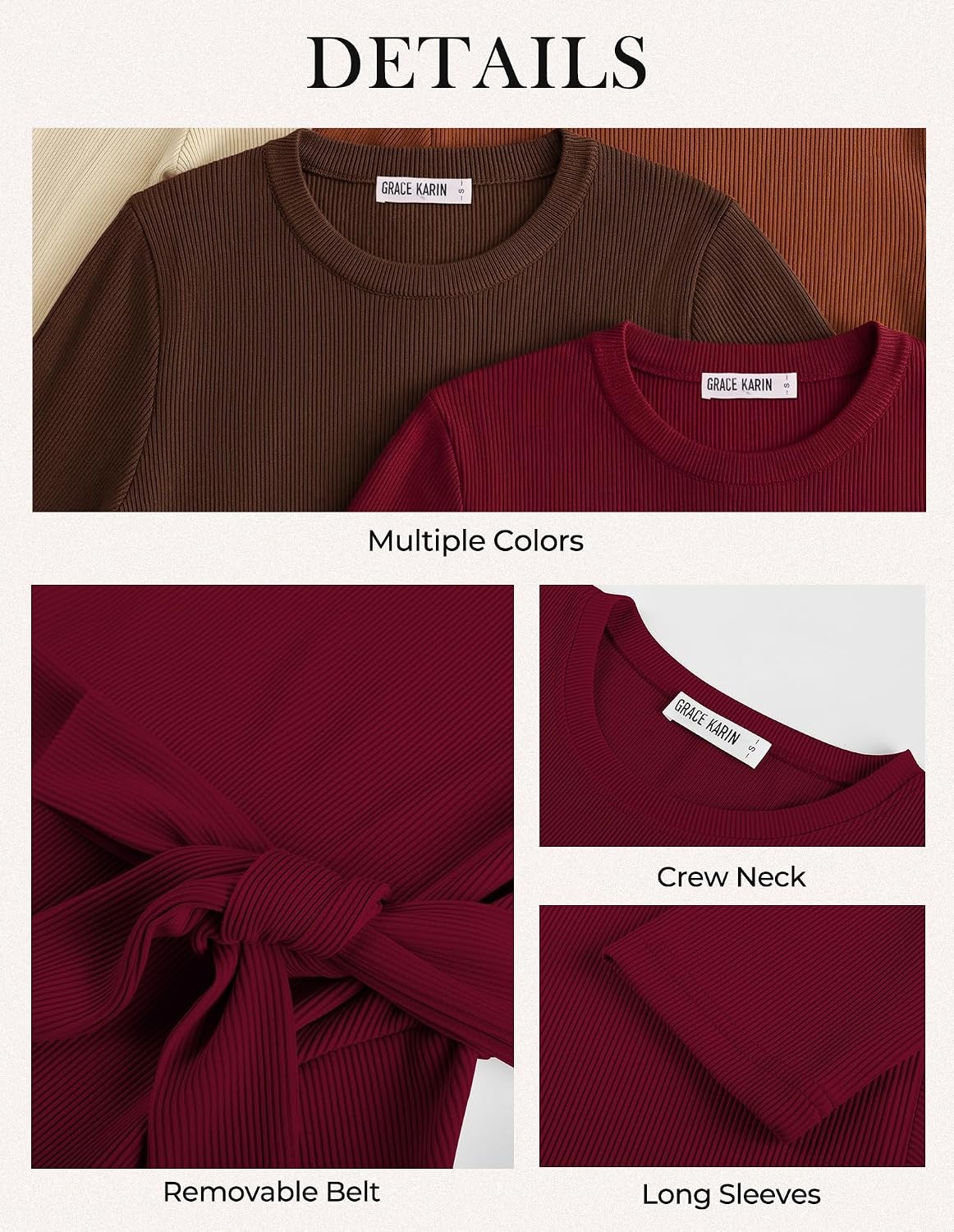 image:imageGRACE KARIN Womens 2026 Fall Long Sleeve Ribbed Mini Dresses with Belt Sweater Dresses For WinterFashion ClothesShort LengthCrew NeckAlineStretchy Soft KnitCasualWorkHolidayWine