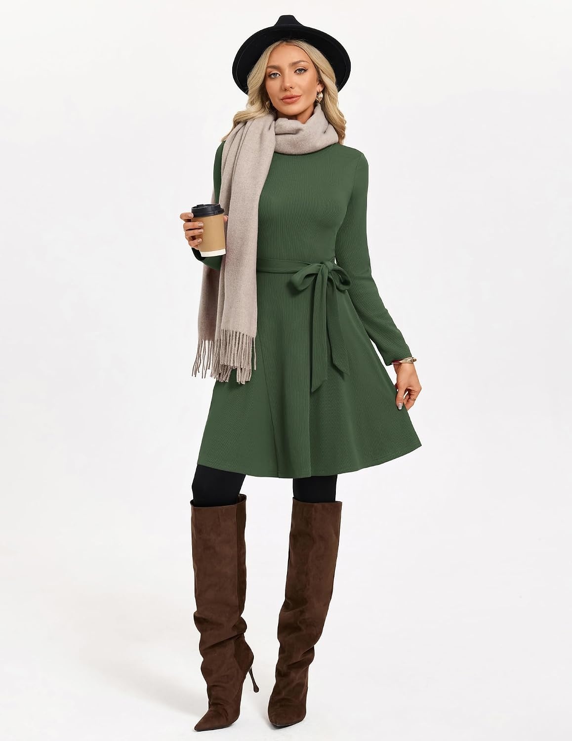 image:imageGRACE KARIN Womens 2026 Fall Long Sleeve Ribbed Mini Dresses with Belt Sweater Dresses For WinterFashion ClothesShort LengthCrew NeckAlineStretchy Soft KnitCasualWorkHolidayArmy Green