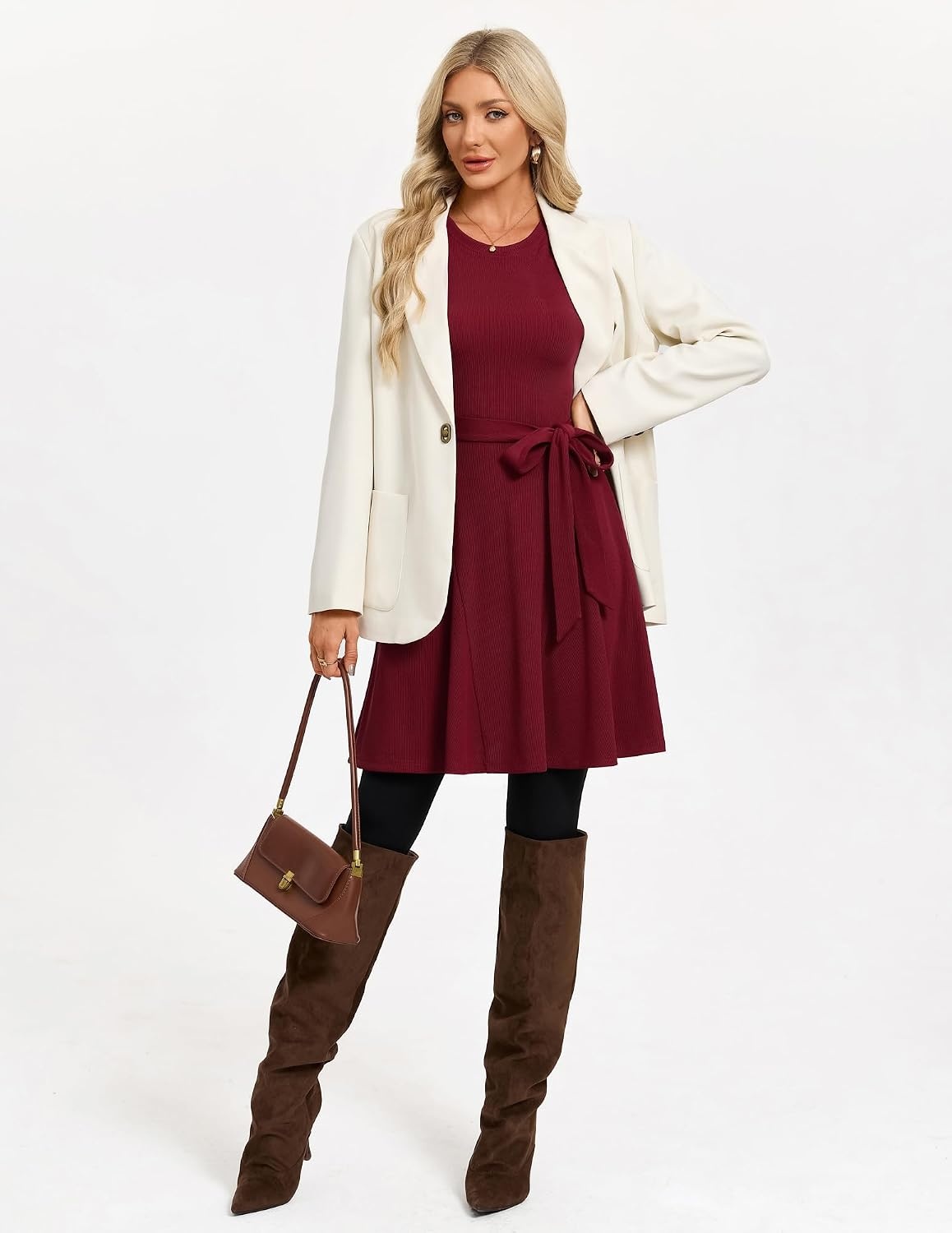image:imageGRACE KARIN Womens 2026 Fall Long Sleeve Ribbed Mini Dresses with Belt Sweater Dresses For WinterFashion ClothesShort LengthCrew NeckAlineStretchy Soft KnitCasualWorkHolidayWine