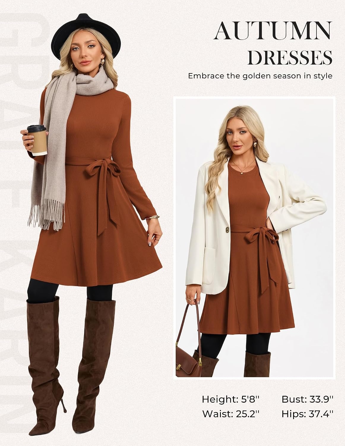 image:imageGRACE KARIN Womens 2026 Fall Long Sleeve Ribbed Mini Dresses with Belt Sweater Dresses For WinterFashion ClothesShort LengthCrew NeckAlineStretchy Soft KnitCasualWorkHolidayOrange Brown