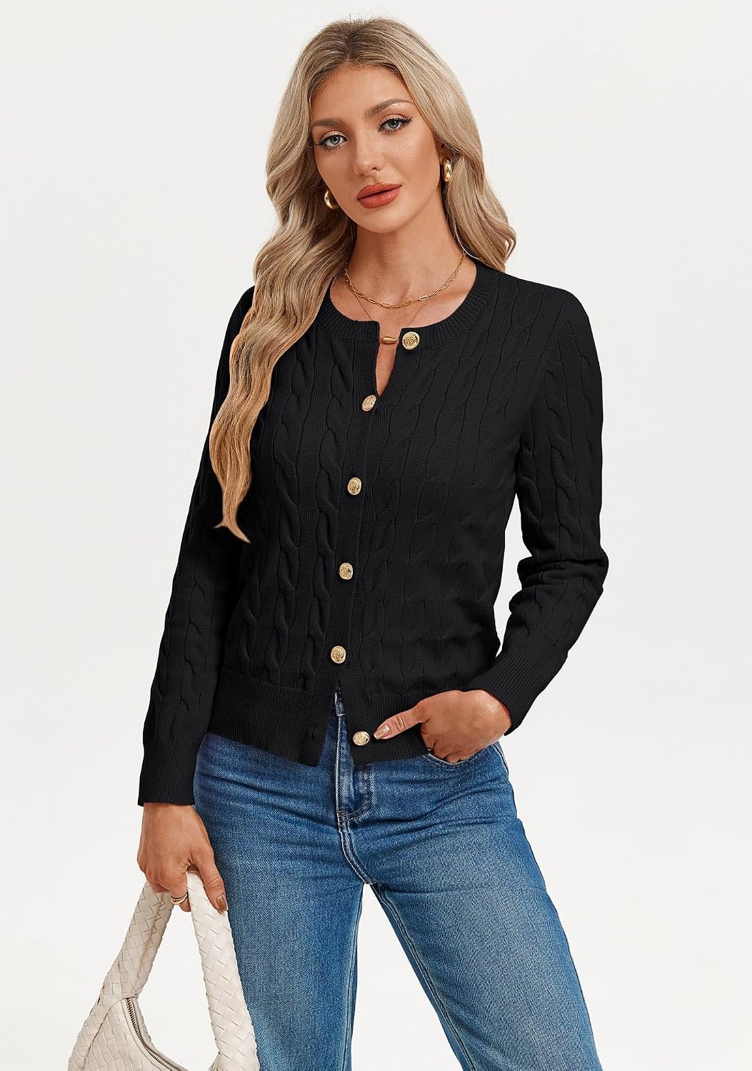 image:imageGRACE KARIN Womens Cable Knit Cardigan Button Up Sweaters Lightweight Fall Fashion Clothing Business Casual OutfitsBlack
