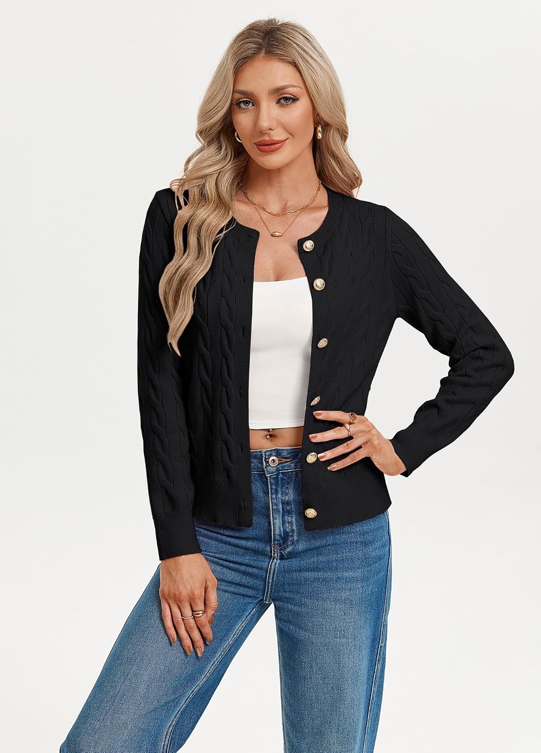 image:imageGRACE KARIN Womens Cable Knit Cardigan Button Up Sweaters Lightweight Fall Fashion Clothing Business Casual OutfitsBlack