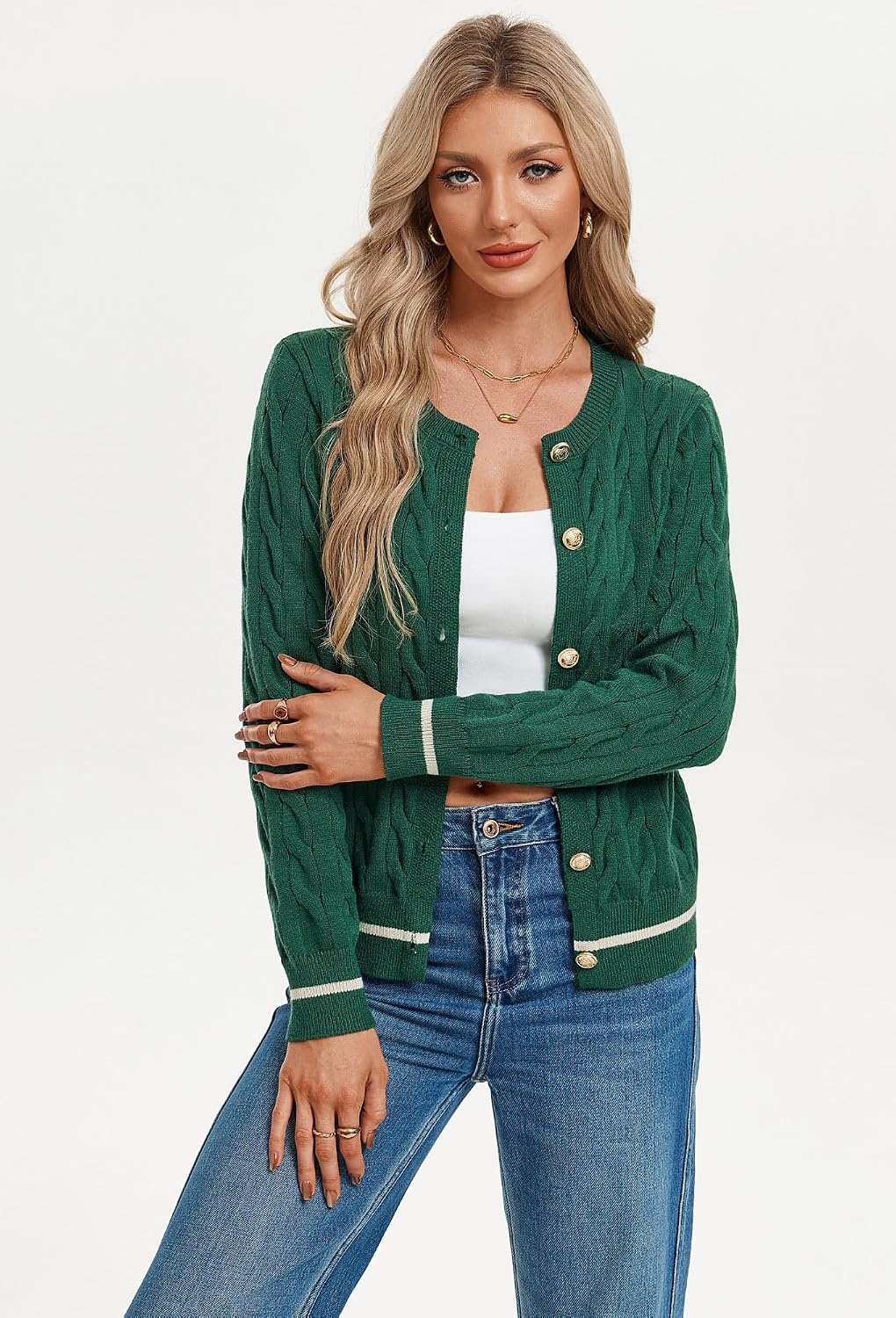 image:imageGRACE KARIN Womens Cable Knit Cardigan Button Up Sweaters Lightweight Fall Fashion Clothing Business Casual OutfitsDeep Green Beige Striped