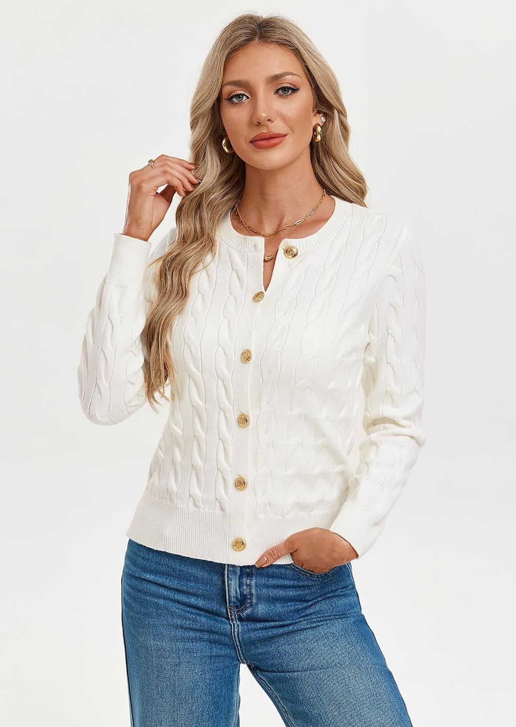 image:imageGRACE KARIN Womens Cable Knit Cardigan Button Up Sweaters Lightweight Fall Fashion Clothing Business Casual OutfitsIvory White