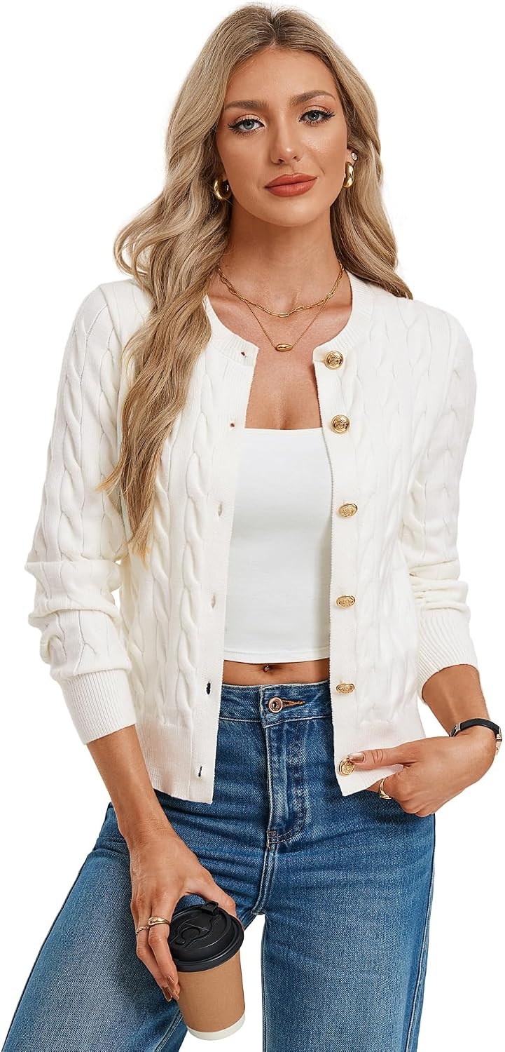 image:imageGRACE KARIN Womens Cable Knit Cardigan Button Up Sweaters Lightweight Fall Fashion Clothing Business Casual OutfitsIvory White