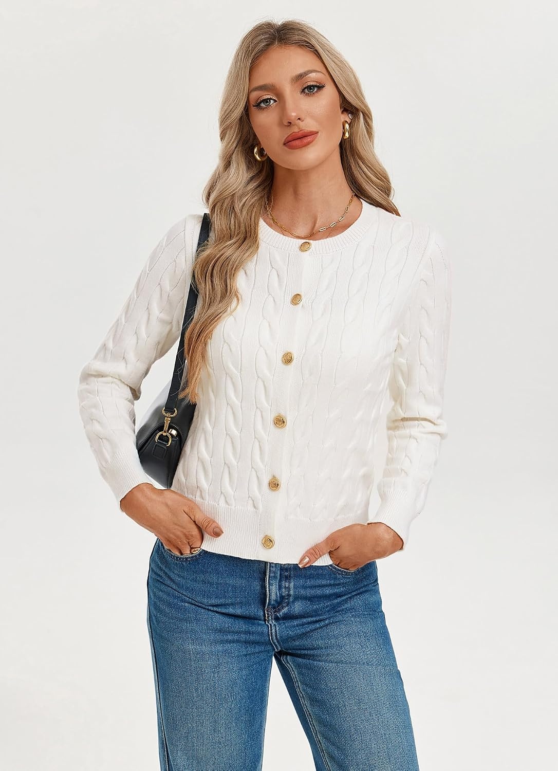 image:imageGRACE KARIN Womens Cable Knit Cardigan Button Up Sweaters Lightweight Fall Fashion Clothing Business Casual OutfitsIvory White