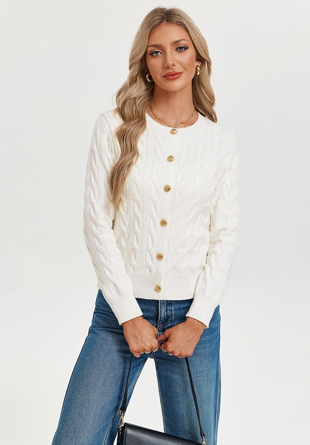 image:imageGRACE KARIN Womens Cable Knit Cardigan Button Up Sweaters Lightweight Fall Fashion Clothing Business Casual OutfitsIvory White